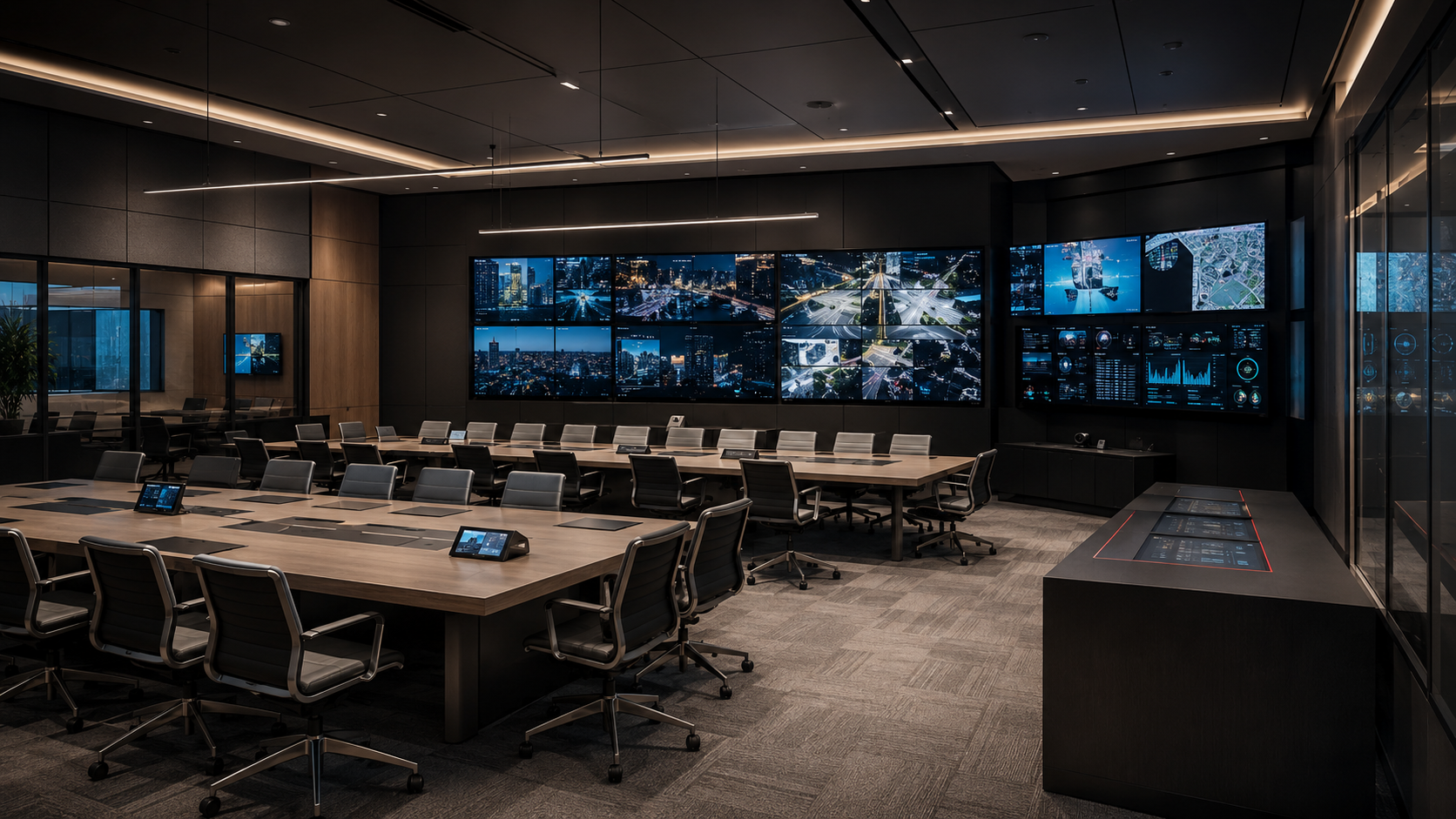 Smart command room with display wall and meeting layout