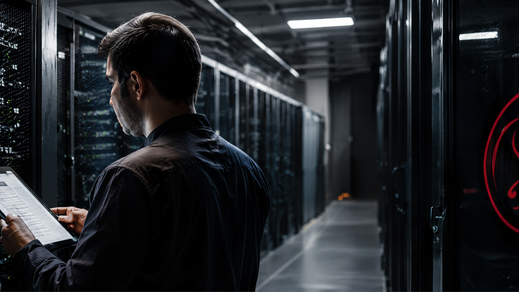 Technician inspecting data center equipment